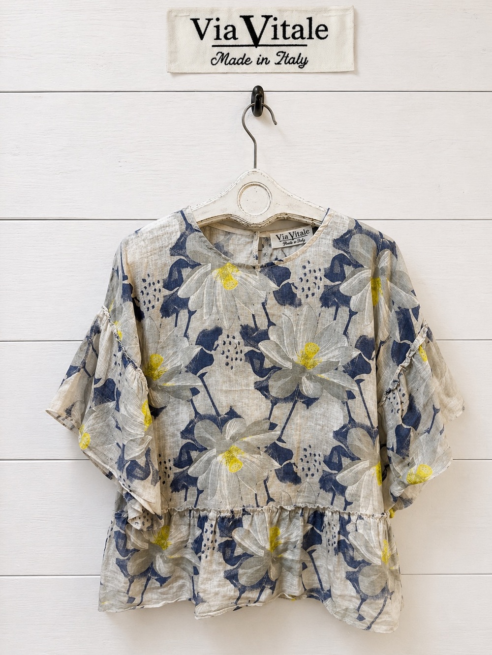 VIA VITALE Floral Linen Style Blouse White Blue Size L
